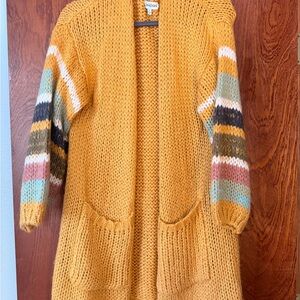 DAVI & DANI Mustard Cardigan with Striped Sleeves